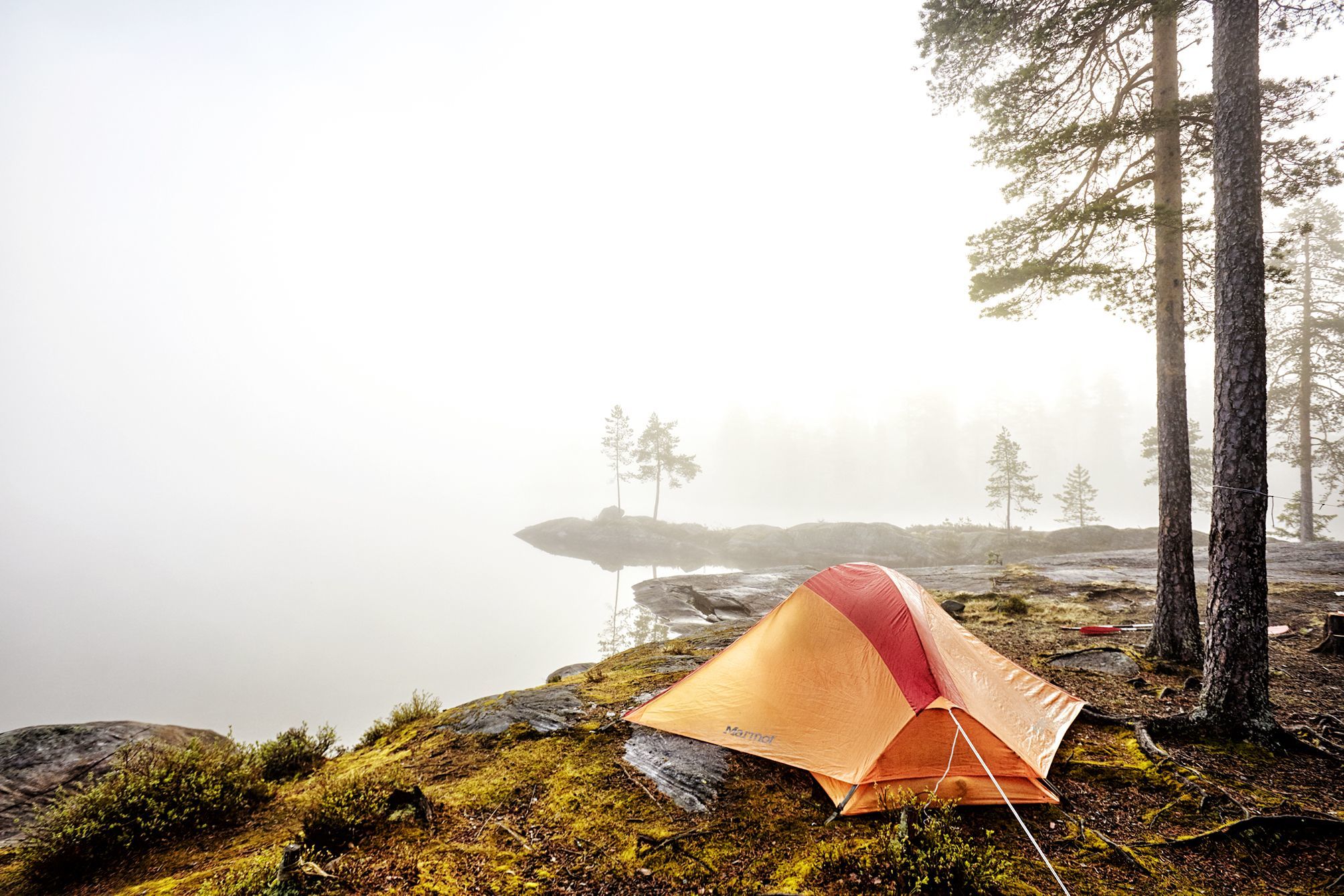 Photo of an orange Marmot tent under a few trees next to a lake with the mist rising up from it.