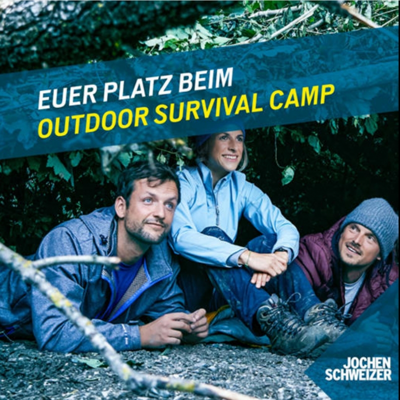 Advertisement for Jochen Schweizer of three friends sitting in a diy shelter